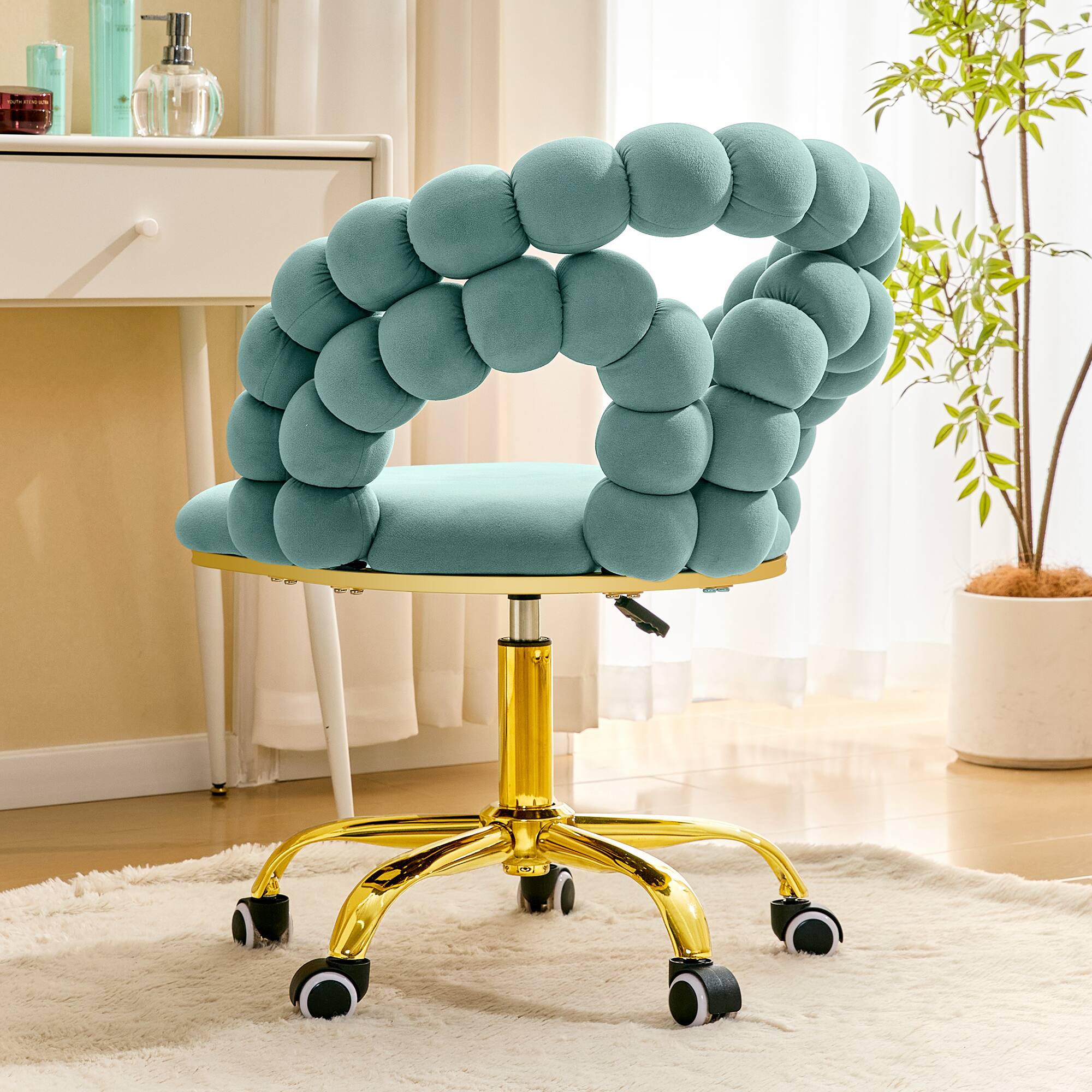Angle. Loheer - Loheer- Velvet Desk Chair Teal Swivel Vanity Chair with Gold Base and Wheels for Bedroom Home Office 2.82 ft - Gold,Teal.