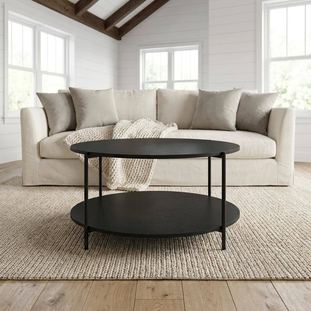 Angle. FurniFact - Modern Round Coffee Table Americano with 2-Tier Design and Sturdy Metal Legs - Americano, Black.