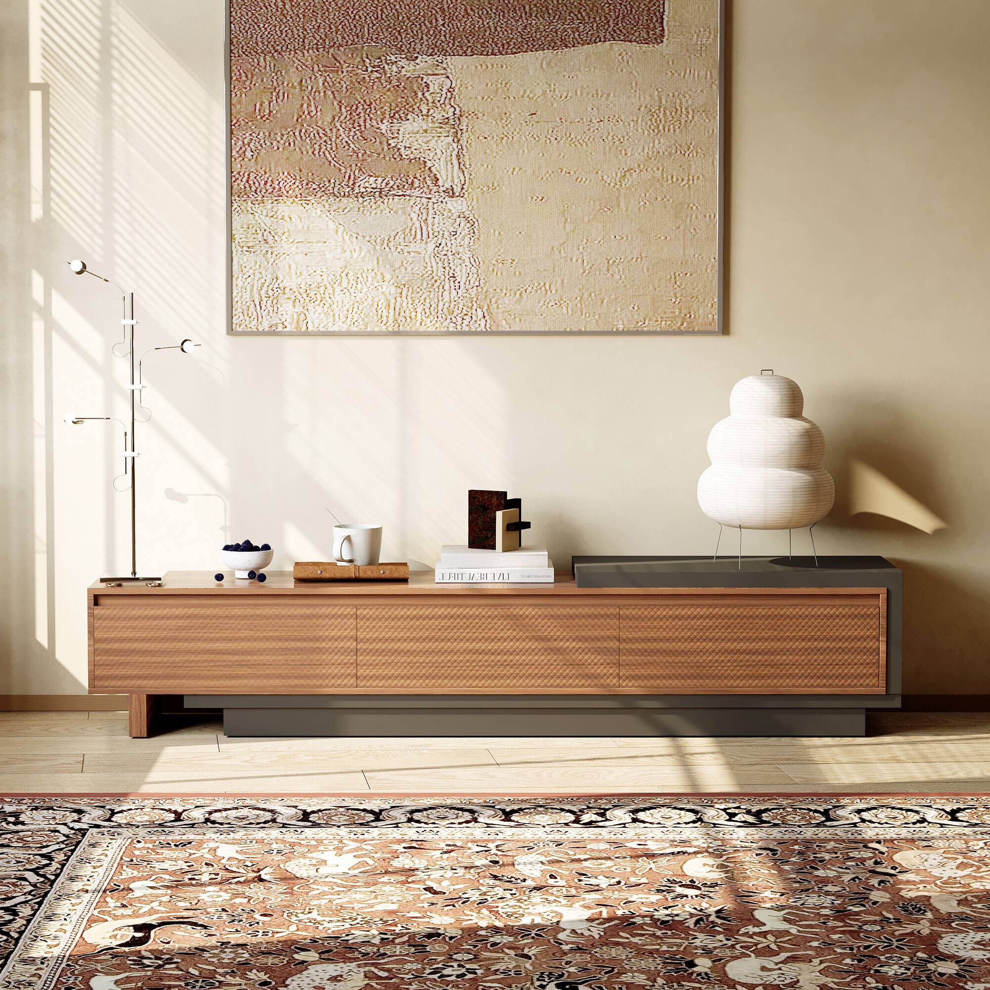 Angle. luck idea - 78.74"–102.3" Extendable TV Stand with 3 Drawers, Textured Front Design & Modern Media Console for Living Room - Gray.