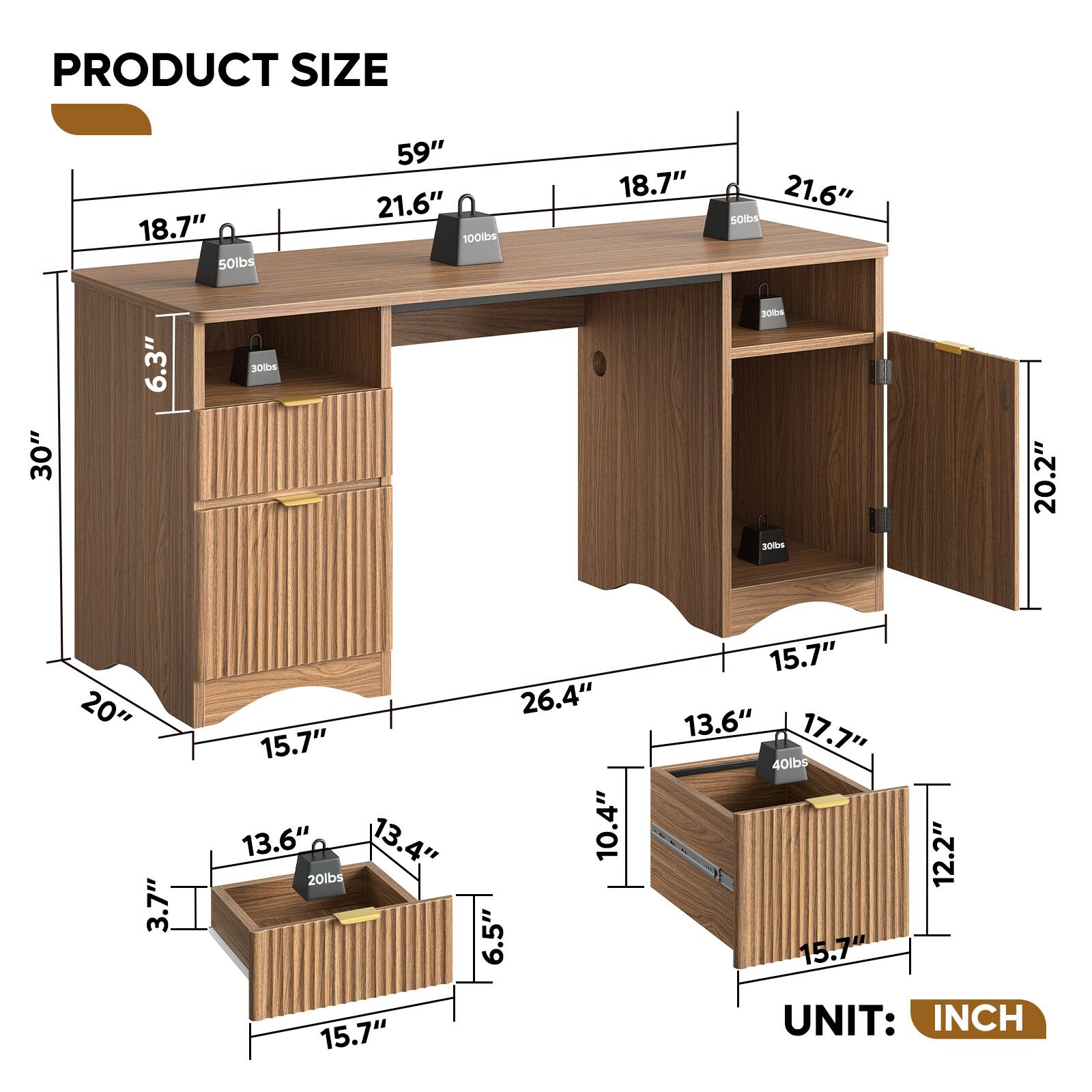 PRODUCT SIZE

- 18.7" x 59" x 21.6" (50lbs)
- 18.7" x 21.6" (50lbs)
- 30" x 6.3" (30lbs)
- 30" x 20.2" x 20" (3.7" x 15.7" x 13.4")
- 15.7" x 26.4" x 10.4" x 6.5" (20lbs)
- 15.7" x 13.6" x 17.7" x 12.2" (40lbs)

UNIT: INCH