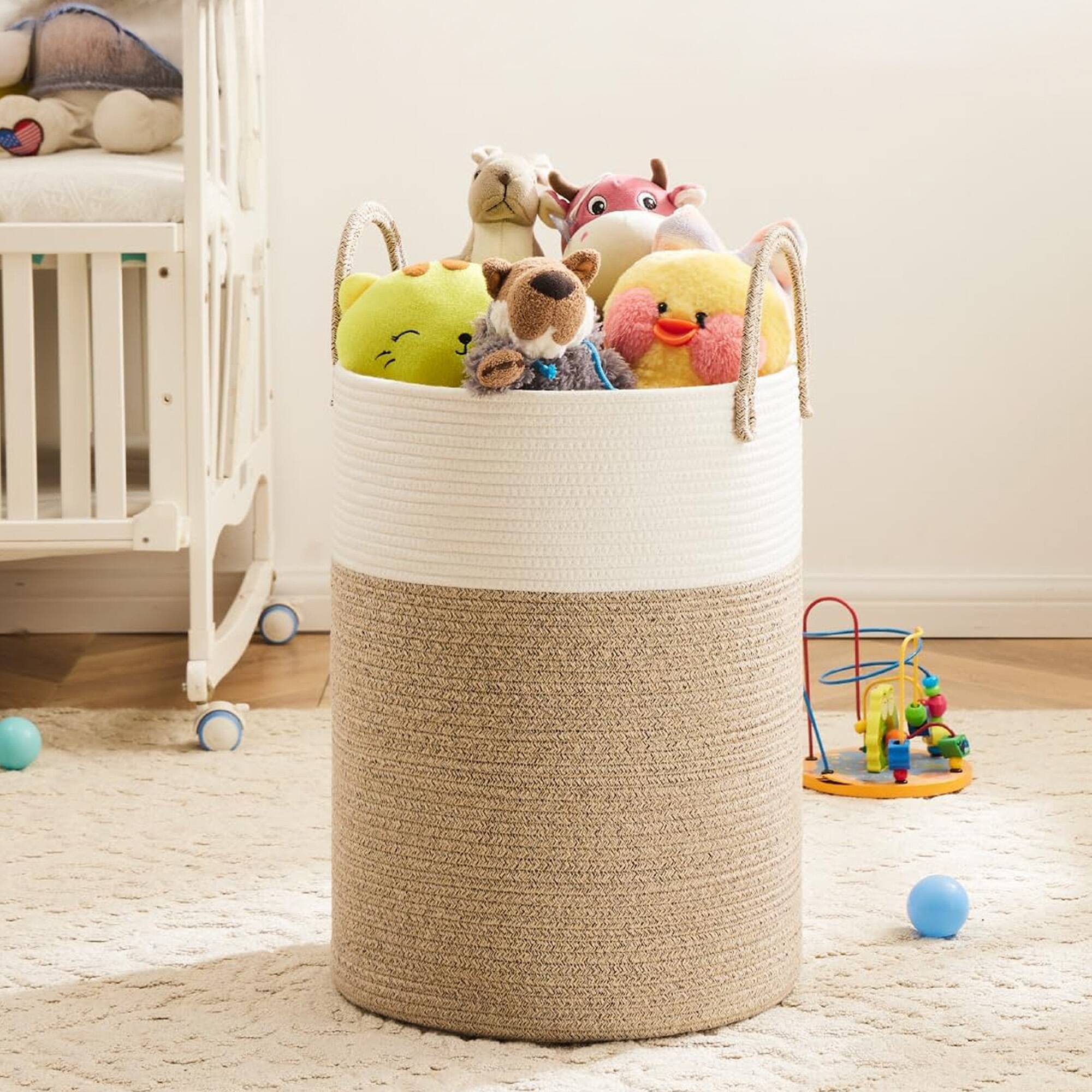 Alt View 1. Cheer Collection - Woven Cotton Rope Laundry Hamper – Large 16 x 16 x 22 in Storage Basket with Reinforced Handles - 2 Tone Tan - 2-Tone Tan.