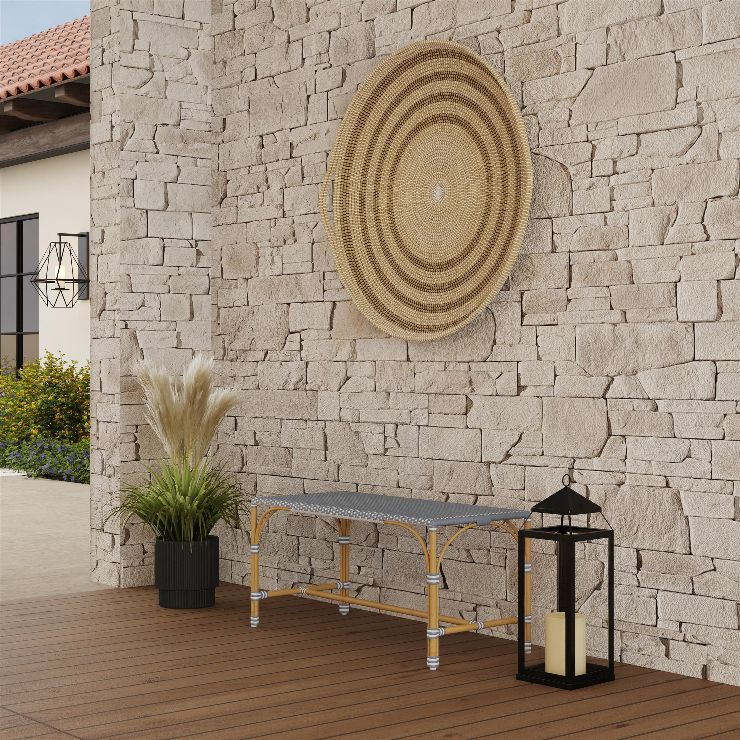 Angle. Butler Specialty - Tobias 40 in. W Outdoor Rectangular Rattan Dining Bench - Gray And White Dot.