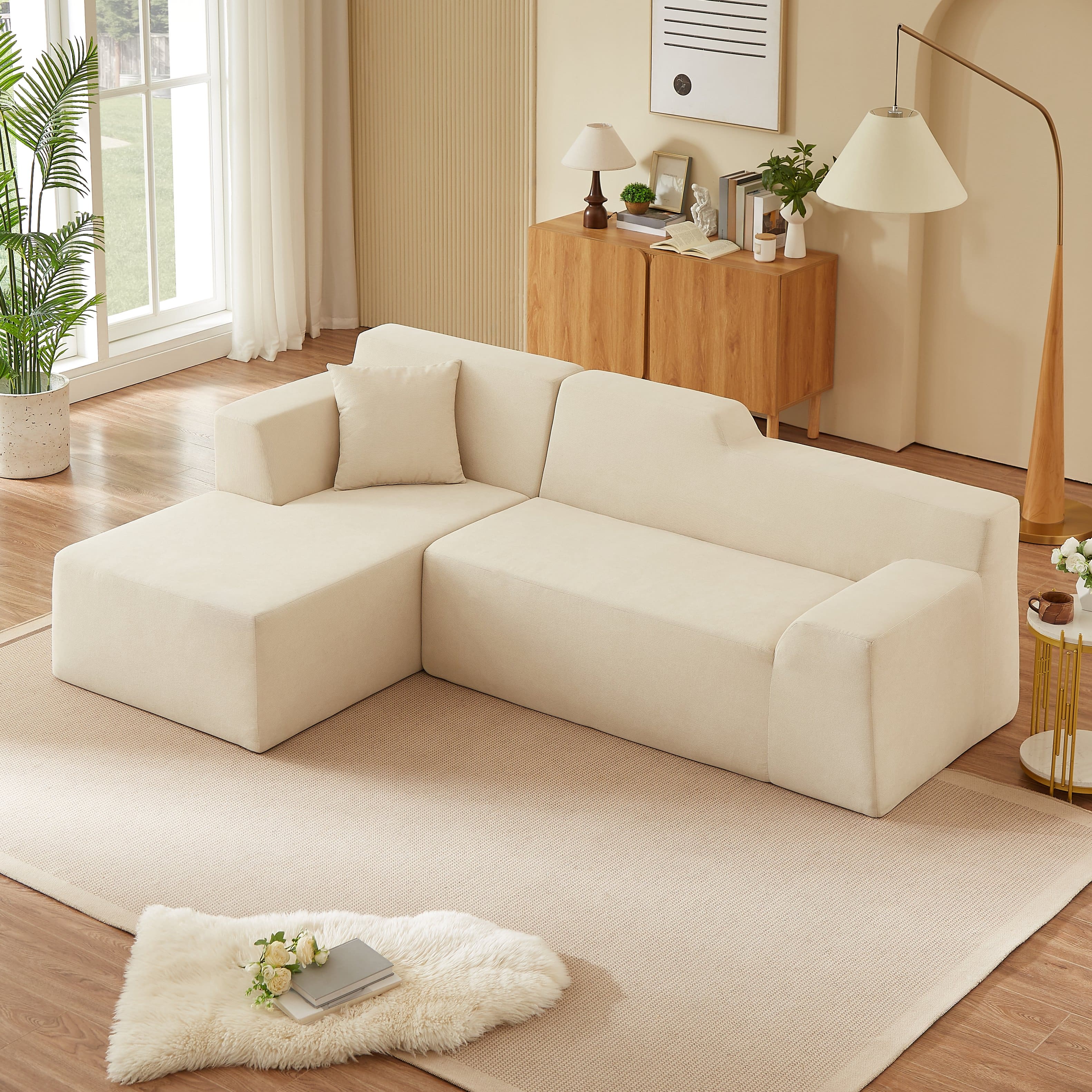 Anysun - L-Shaped Design Left-Facing Modern Minimalist Corduroy High Raised Thickened Back Sofa - Beige