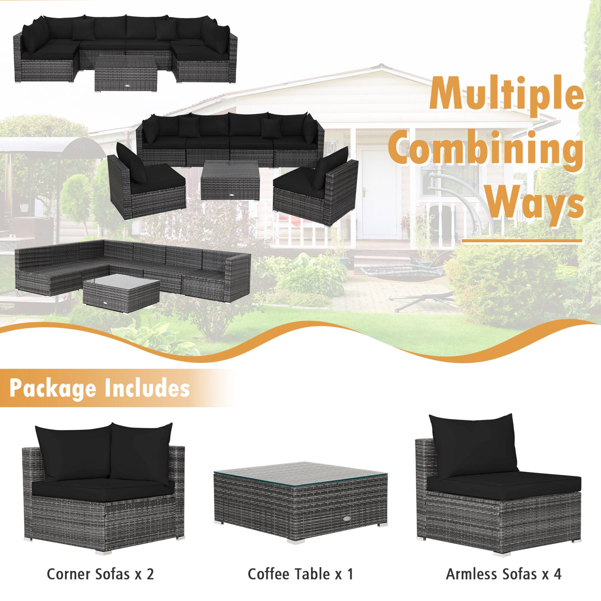 Multiple Combining Ways

Package Includes

Corner Sofas x 2
Coffee Table x 1
Armless Sofas x 4