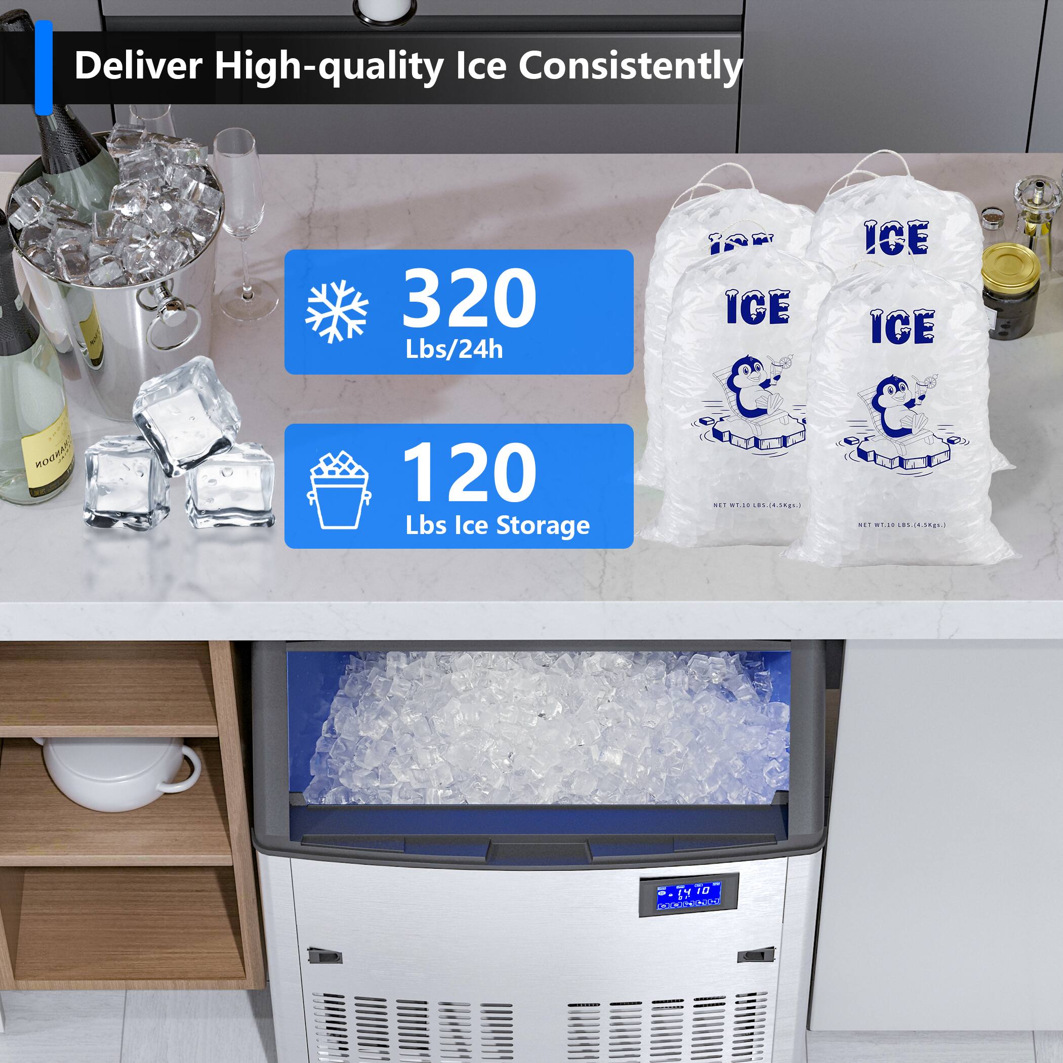 Deliver High-quality Ice Consistently

320 Lbs/24h

120 Lbs Ice Storage