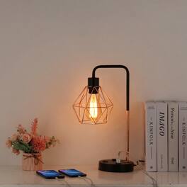 Oumilen - Industrial Rose Gold Geometric Cage Desk Lamp with USB & AC Outlet – Modern Metal Table Lamp