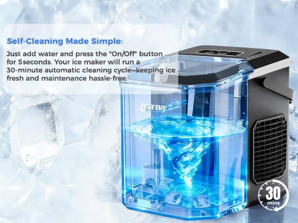 Self-Cleaning Made Simple: Just add water and press the "On/Off" button for 5 seconds. Your ice maker will run a 30-minute automatic cleaning cycle, keeping ice fresh and maintenance hassle-free.