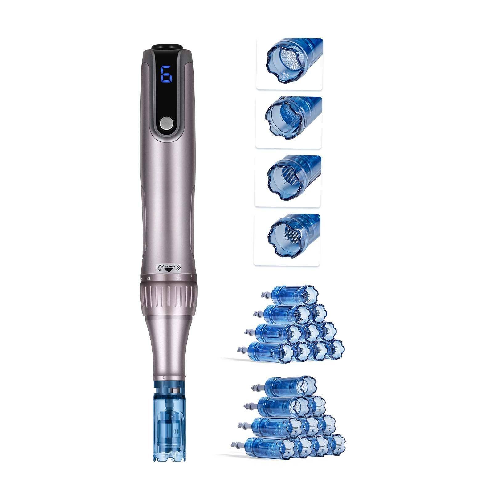 Alt View 8. Glintex - Microneedling Pen M8S Electric Derma Pen w/ 20 Anti-Backflow Cartridges, 6 Speed Settings, LCD Display, Adjustable Depth.