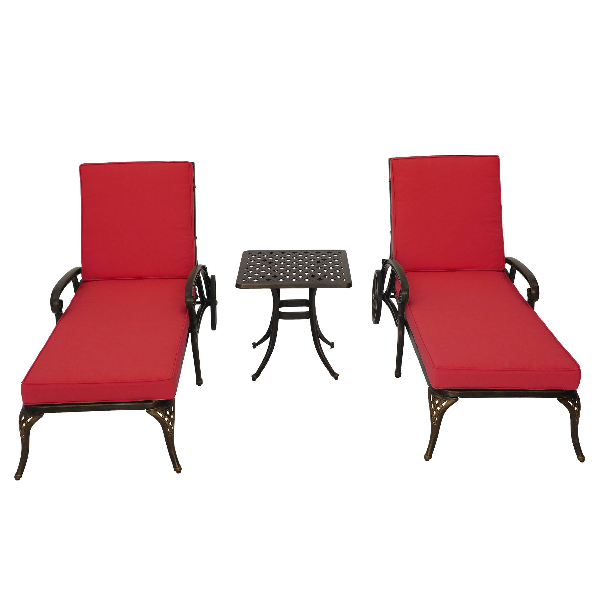 Alt View 1. Mondawe - 3-Piece Aluminum Reclining Chaise Lounge Set with ast Aluminum Side Table and Cushion - Bronze.