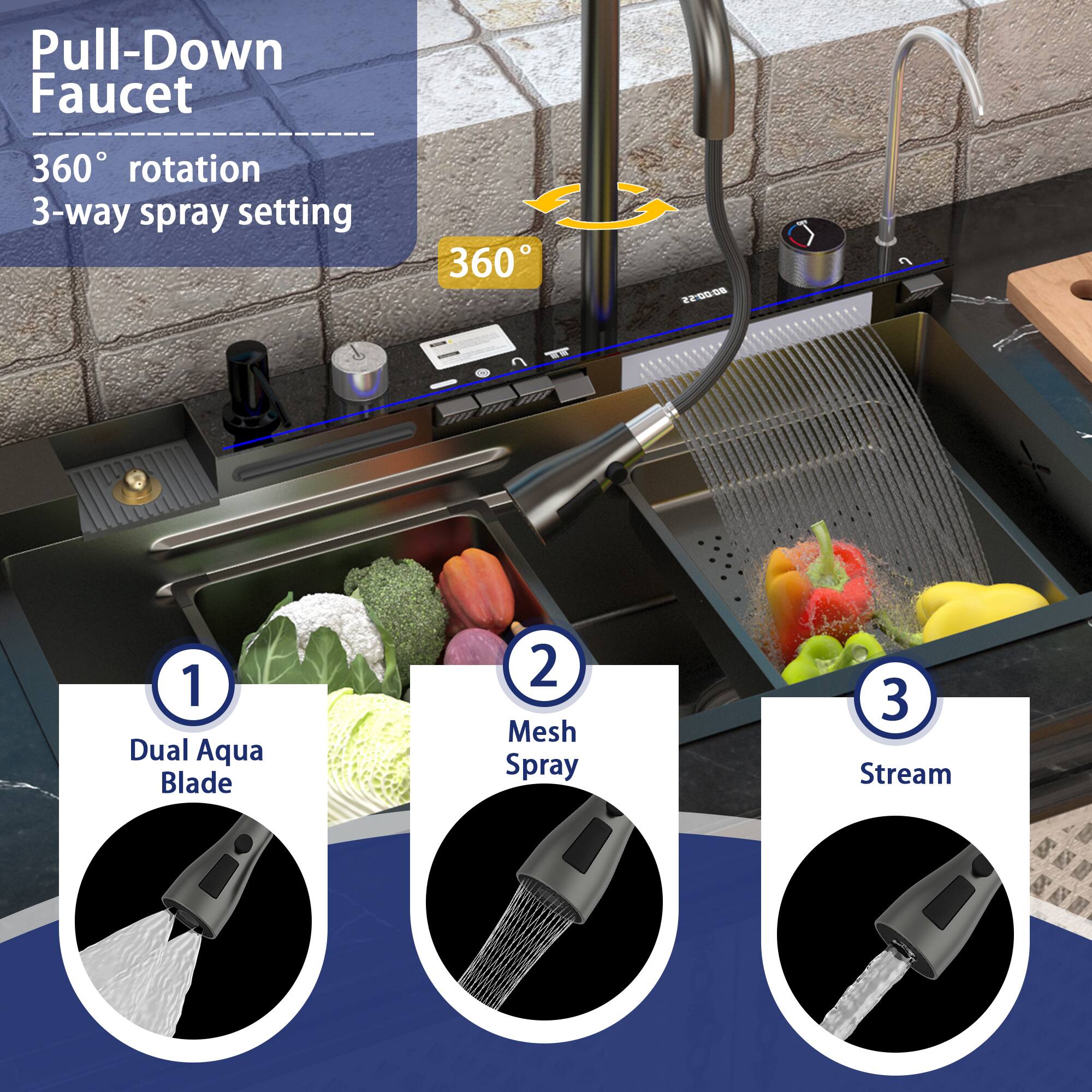 Pull-Down Faucet  
360° rotation  
3-way spray setting  

1. Dual Aqua Blade  
2. Mesh Spray  
3. Stream