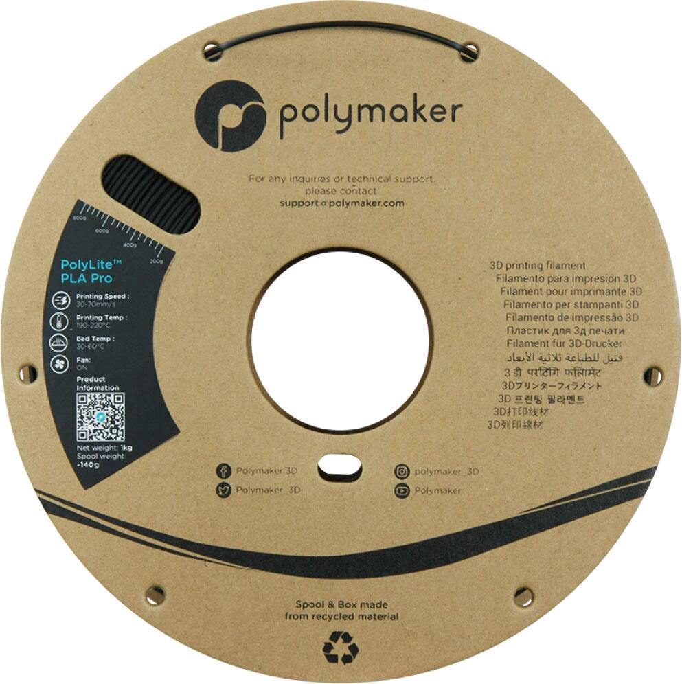 Polymaker B00 For any inquiries or technical support please contact [support@polymaker.com](mailto:support@polymaker.com). 6000 400g PolyLite PLA Pro Printing Speed 30-70mm/s Printing Temp 190-220C Bed Temp 30-60C Fan: se ON Product information 200g 3D printing filament Filamento para impresión 3D Filament pour imprimante 3D Filamento per stampante 3D Filamento de impresión 3D 3D 3D Net weight 1kg Spool weight -140g Polymaker 3D Polymaker\_3D SD Polymaker Spool & Box made from recycled material