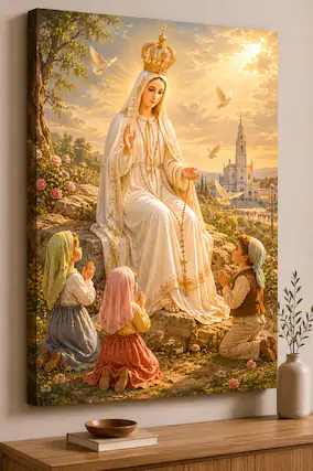 Front. FC Design - Large Fatima Blessed Mother Canvas Print 24x36" Heavenly Catholic Peaceful Prayer Art Painting Home Wall Decor - MultiColor.