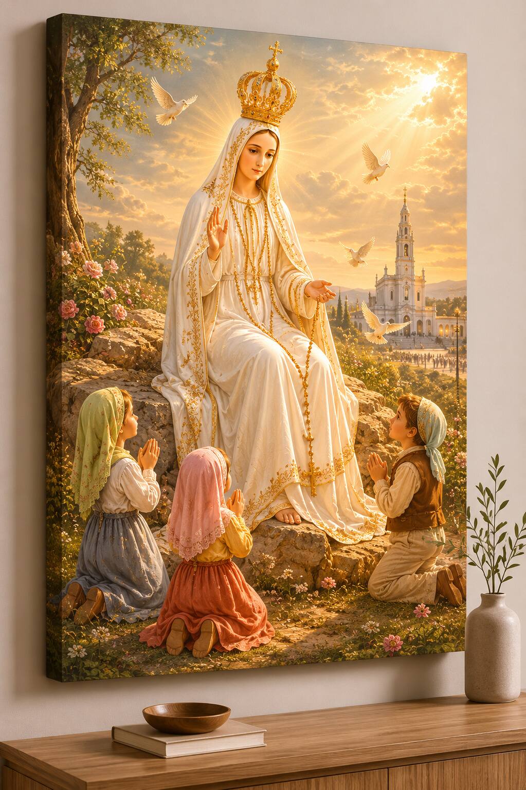 Front. FC Design - Large Fatima Blessed Mother Canvas Print 24x36" Heavenly Catholic Peaceful Prayer Art Painting Home Wall Decor - MultiColor.