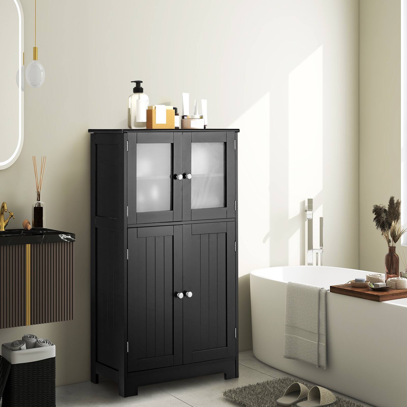 Alt View 1. Costway - Costway Bathroom Floor Storage Cabinet Kitchen Cupboard w/Doors&Adjustable Shelf - Black.