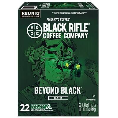 KEURIG  
GENUINE K-CUP PODS  

AMERICA'S COFFEE*  

BLACK RIFLE COFFEE COMPANY  

BEYOND BLACK  
DARK  

22 RECYCLABLE K-CUP PODS  
NET WT 8.5 OZ (242g)  

22 - 0.33 OZ (11g/EA)  

* A PORTION OF SALES GO TO SUPPORT VETERANS AND MILITARY CAUSES