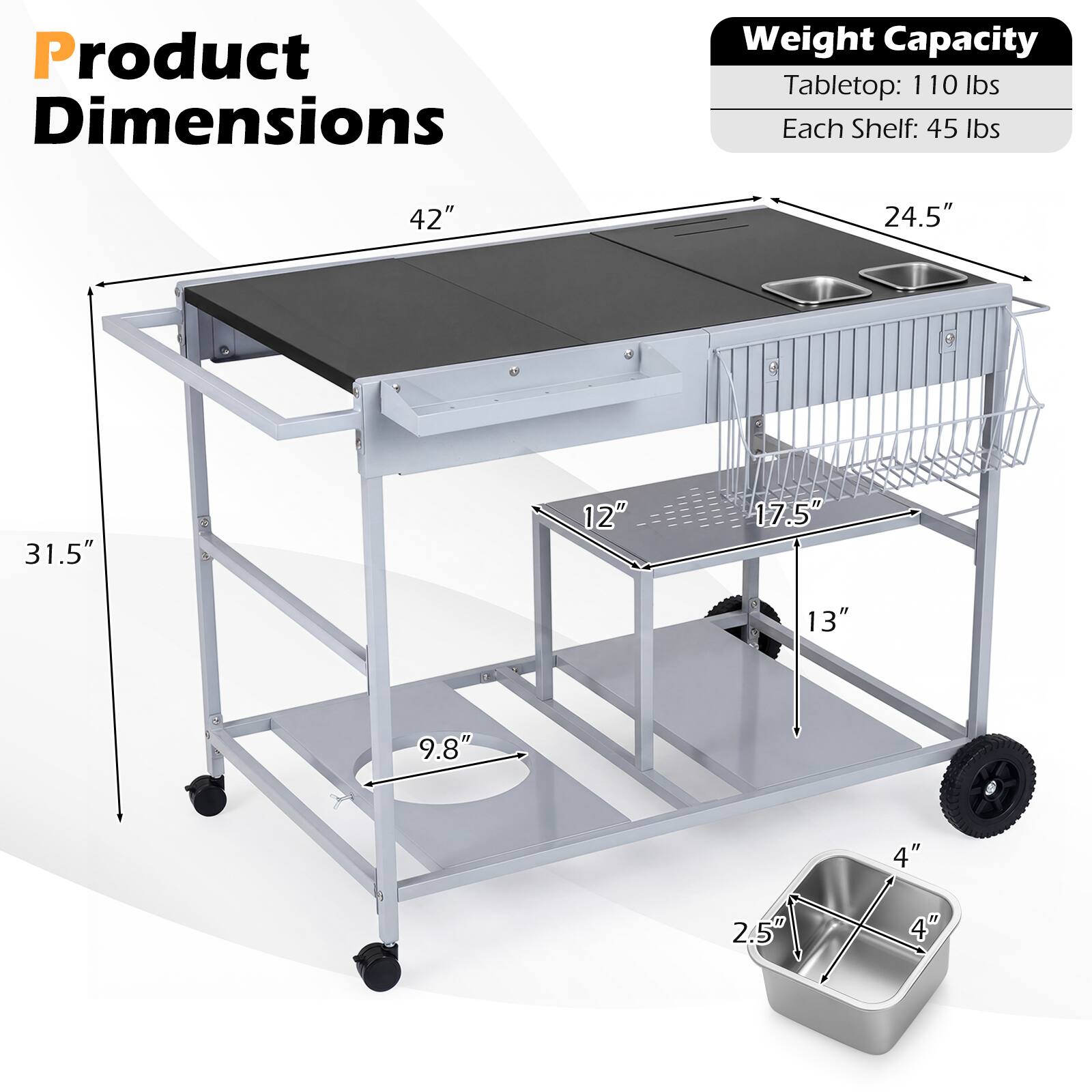 Product Dimensions  
Weight Capacity  
Tabletop: 110 lbs  
Each Shelf: 45 lbs  

42"  
24.5"  
31.5"  
12"  
17.5"  
13"  
9.8"  
4"  
2.5"  
4"