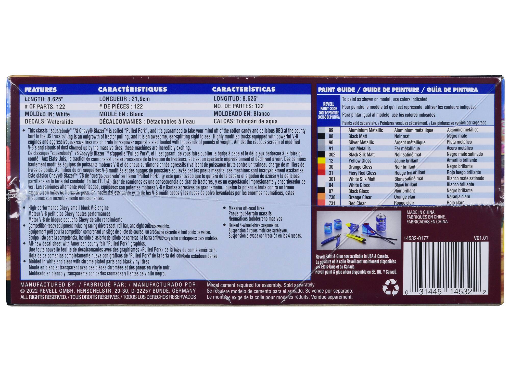 **FEATURES / CARACTERÍSTICAS / CARACTERÍSTICAS**

- **LENGTH:** 8.625" / **LONGUEUR:** 21.9cm / **LONGITUD:** 8.625"
- **# OF PARTS:** 122 / **# DE PIECES:** 122 / **NO DE PARTES:** 122
- **MOLDED IN:** White / **MOULÉ EN:** Blanc / **MOLDEADO EN:** Blanco
- **DECALS:** Waterslide / **DECALCOMANIES:** Detachables / **CALCAS:** Tobogán de agua

**This classic "squarebody" 78 Chevy Blazer is called "Pulled Pork," and it's guaranteed to take your mind off of the cotton candy and delicious BBQ at the county fair! In the US truck pulling is an outgrowth of tractor pulling, and it's an awesome, ear-splitting sight to see. Highly modified trucks equipped with powerful V-8 engines and aggressive, oversized tires match brute horsepower against a sled loaded with thousands of pounds of weight. The massive clouds of dust churned up by the massive tires, these machines are incredibly