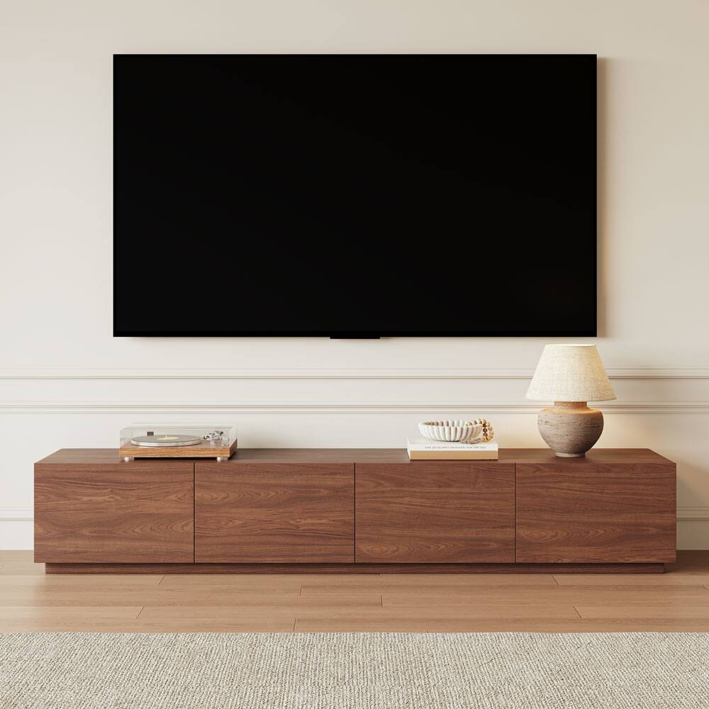 Angle. POVISON - 78" Fully-Assembled,Minimalist TV Stand, Wood Media Console with Drawers, Walnut Veneer - Dark Wood.