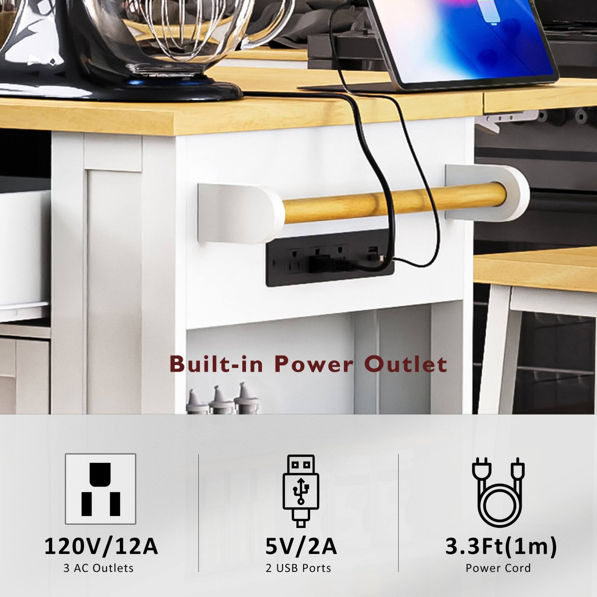 Built-in Power Outlet

- 120V/12A
  - 3 AC Outlets
- 5V/2A
  - 2 USB Ports
- 3.3Ft (1m) Power Cord