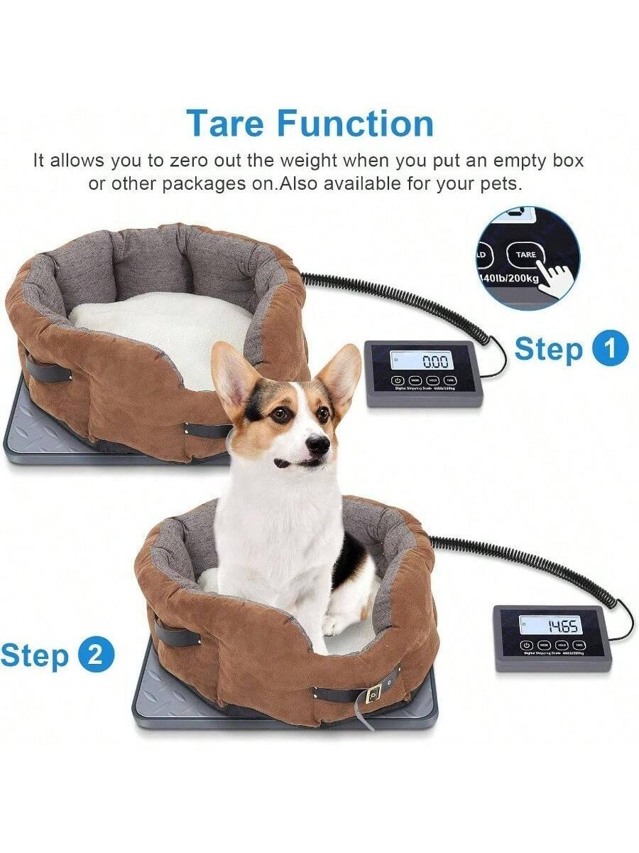 Tare Function  
It allows you to zero out the weight when you put an empty box or other packages on. Also available for your pets.  

Step 1  
Step 2  

LD TARE 40lb/200kg 000  
1465
