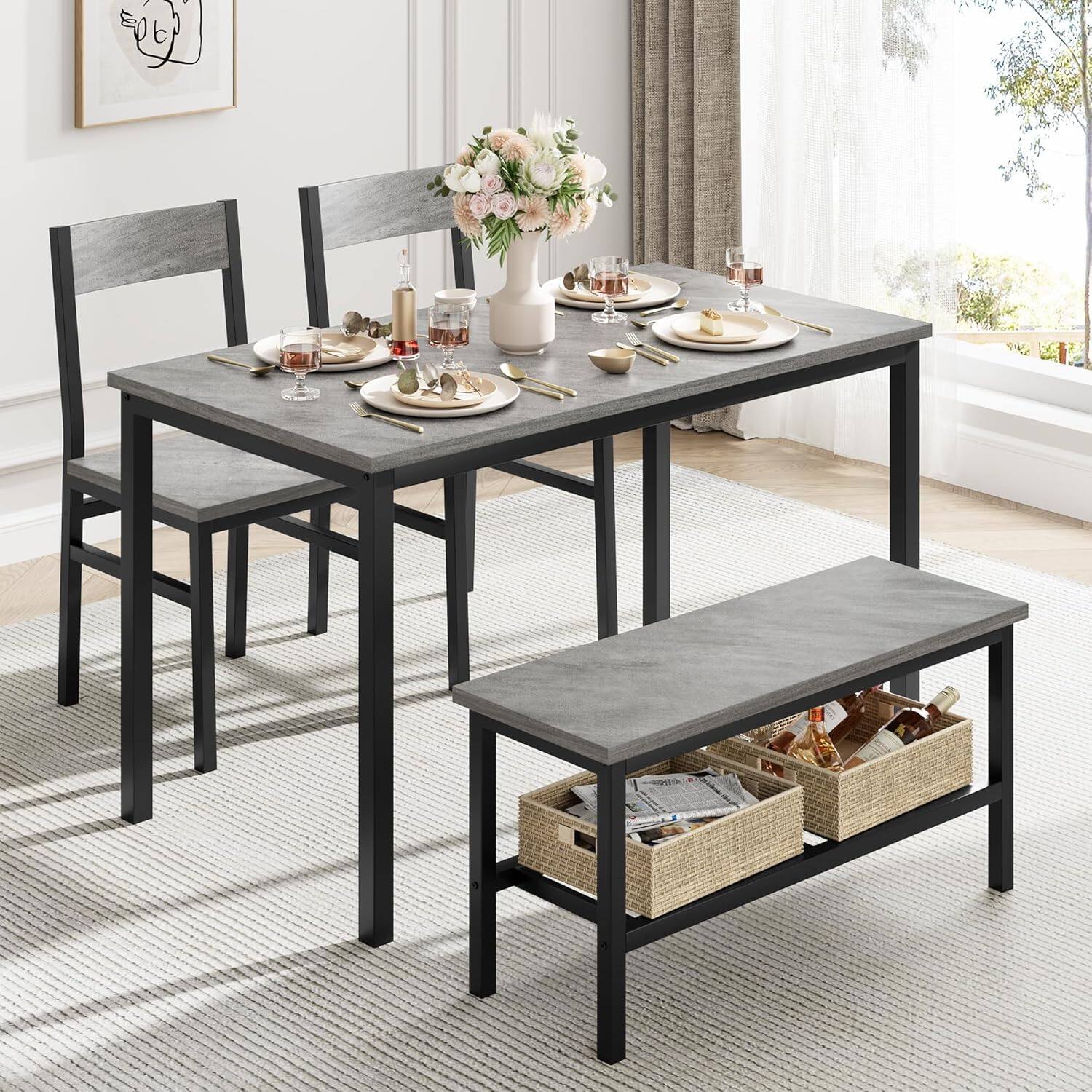 Front. Qeetex - Vintage 4-Piece Dining Set with Bench | Space-Saving for Small Spaces, Durable & Easy Assembly - Gray.