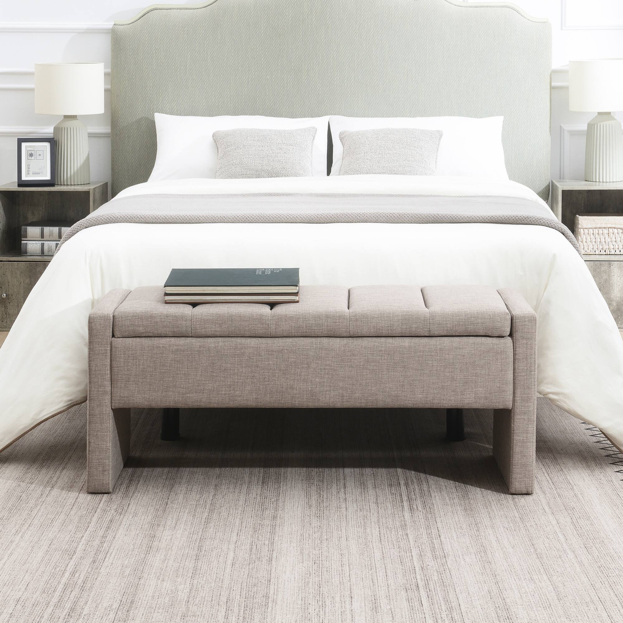 Left. GOODSILO - Upholstered Storage Bench with Comfortable Linen Fabric, Multi-Functional Footrest Ottoman for Living Spaces - Brown Grey.