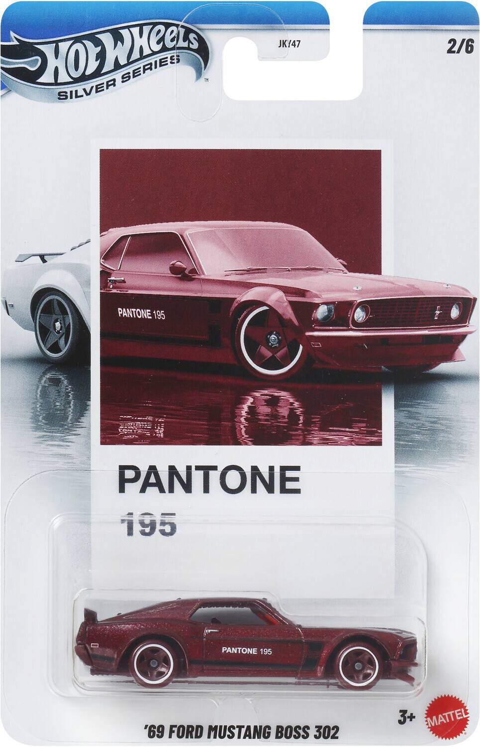 HOT WHEELS SILVER SERIES  
JK/47  
2/6  

PANTONE 195  

'69 FORD MUSTANG BOSS 302  

3+  
MATTEL
