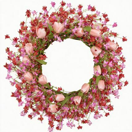Front. Frangdom - Valentines Tulip Berry Wreath Front Door Wedding Decor - Pink, Size: 22in.