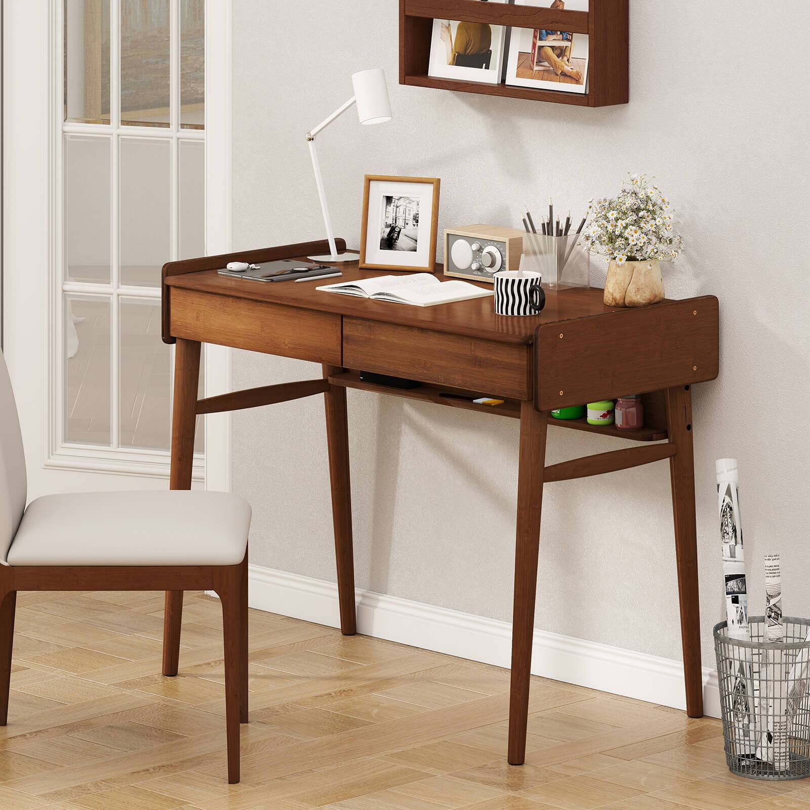 Alt View 3. Costway - Costway Bamboo Writing Desk 39.5" Computer Study Desk with 2 Storage Drawers & Open Shelf - Brown.