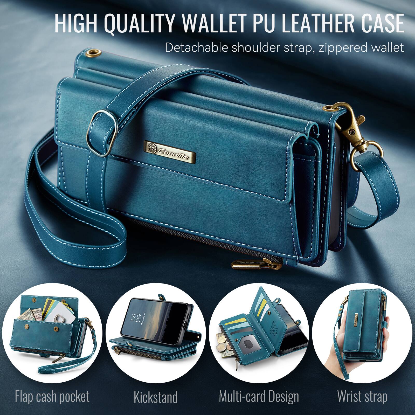 HIGH QUALITY WALLET PU LEATHER CASE  
Detachable shoulder strap, zippered wallet  

CaseMe  

THE  
80  

Flap cash pocket  
Kickstand  
Multi-card Design  
Wrist strap