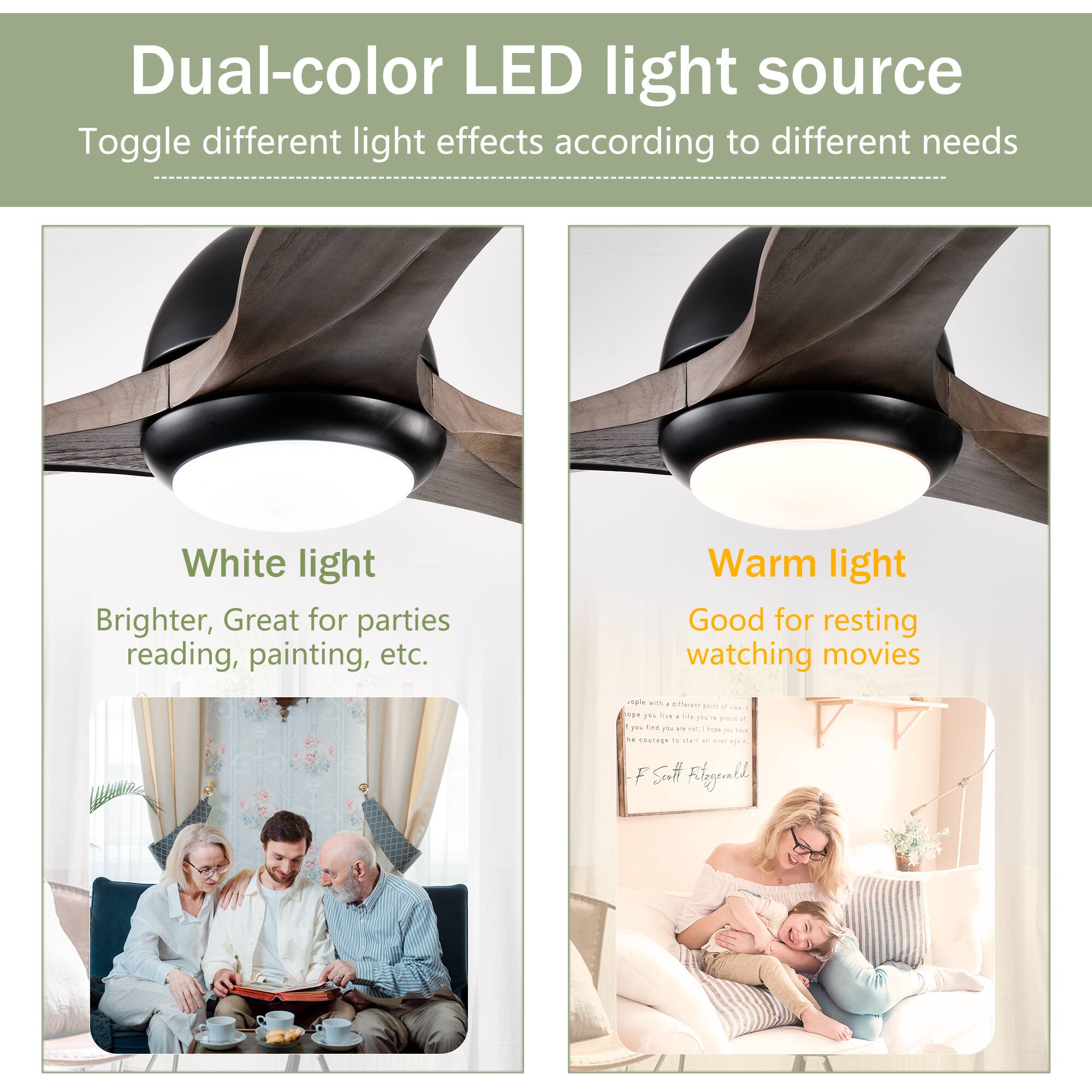 Dual-color LED light source  
Toggle different light effects according to different needs  

White light  
Brighter, Great for parties, reading, painting, etc.  

Warm light  
Good for resting, watching movies