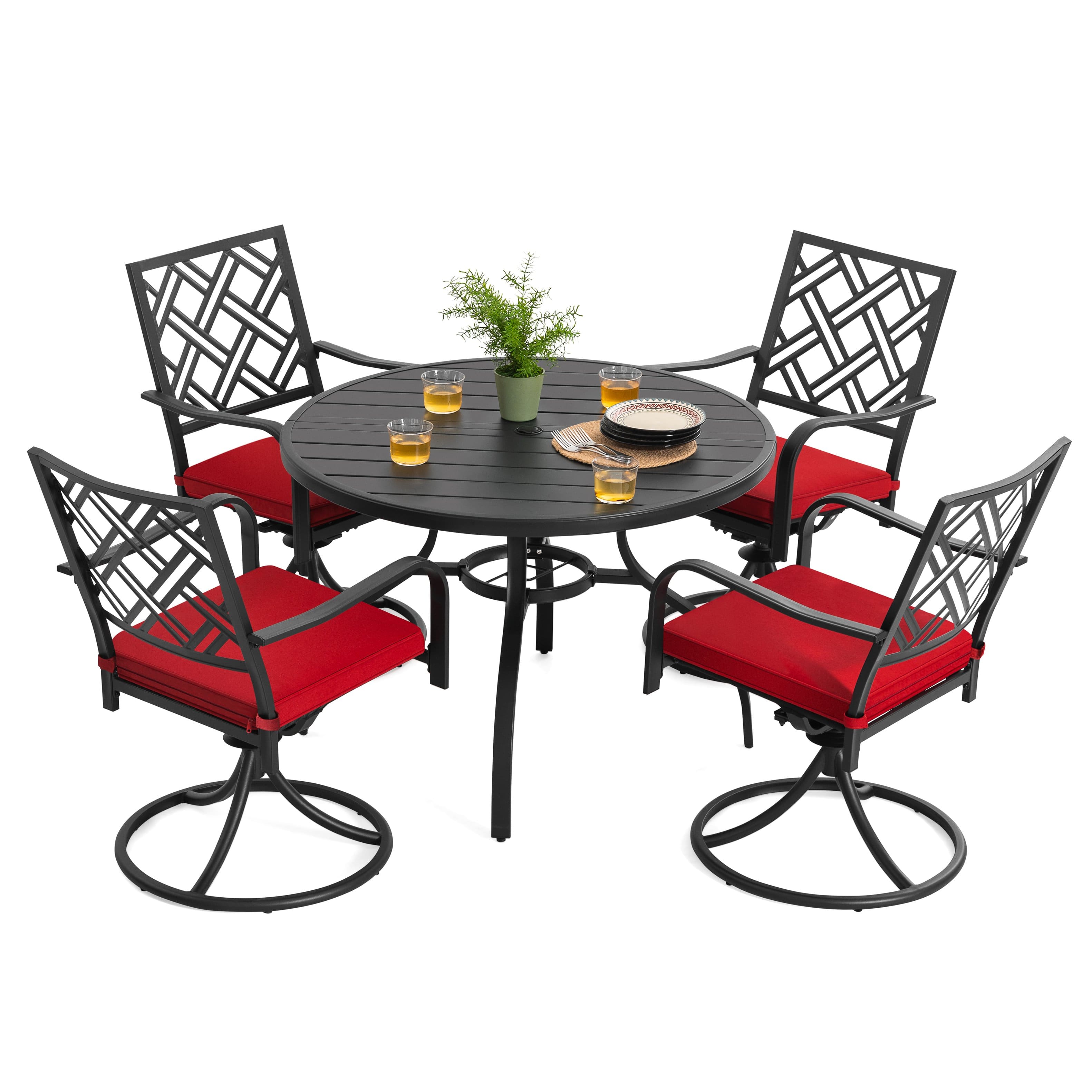 Nuu Garden - 5-Piece Metal Patio Dining Set with Umbrella Hole and Swivel Chairs - Black and Red