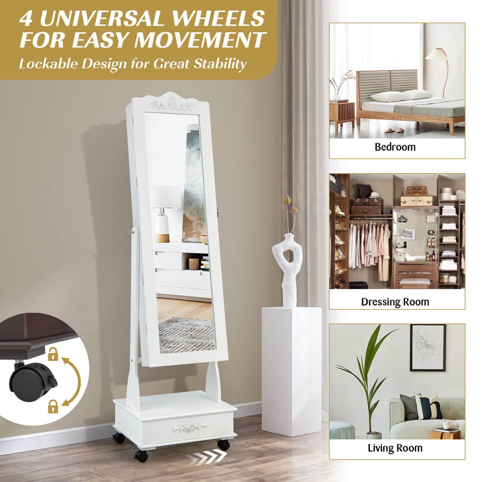 4 UNIVERSAL WHEELS FOR EASY MOVEMENT  
Lockable Design for Great Stability  

Bedroom  
Dressing Room  
Living Room