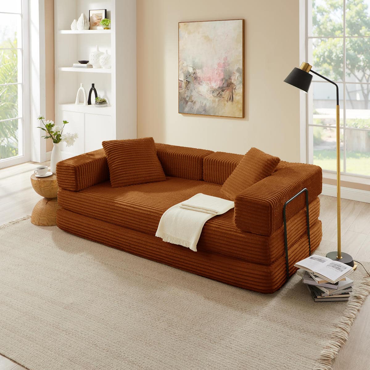 Front. Meqiodas - 81''Convertible Sofa Bed, Folding Floor Couch with Square Armrest, Comfy Sleeper Mattress for Living Room - Orange.