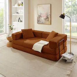 Meqiodas - 81''Convertible Sofa Bed, Folding Floor Couch with Square Armrest, Comfy Sleeper Mattress for Living Room - Orange
