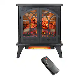 Ecooso - Cast Iron Free-Standing Electric Fireplace Stove with Double Doors, 1500W 5000 BTU Heater, 3D Flame, Remote and Timer - Antique Black