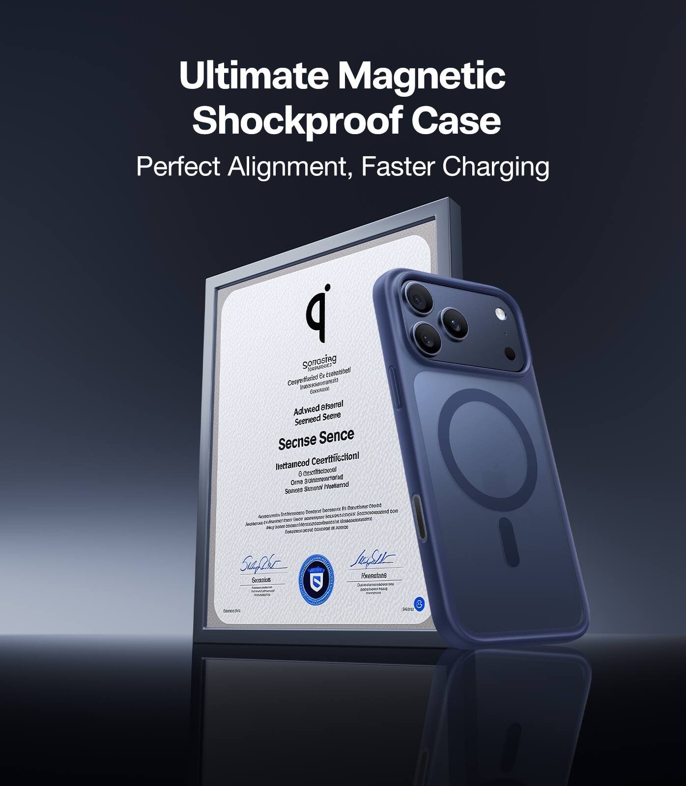 Ultimate Magnetic Shockproof Case  
Perfect Alignment, Faster Charging  

sonosing  
Advised atsenal  
Secnse Sense  
Certified  
Certhiectonl  
Cosetociel  
PUALMAGUDE  
StDera  
Sonves  
hutanre  
i no-on  
Toetrr  
- - - n TEN n - - - I - - - . - C Supor So - - J Penttand - TS | 2 -