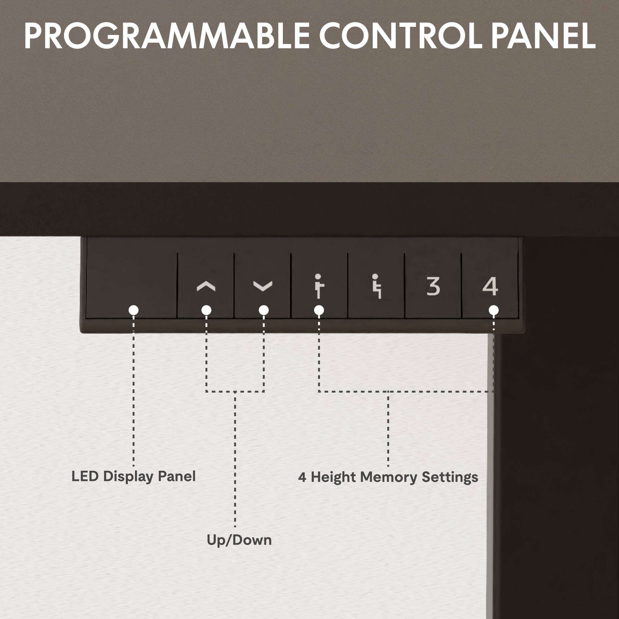PROGRAMMABLE CONTROL PANEL

- LED Display Panel
- Up/Down
- 4 Height Memory Settings