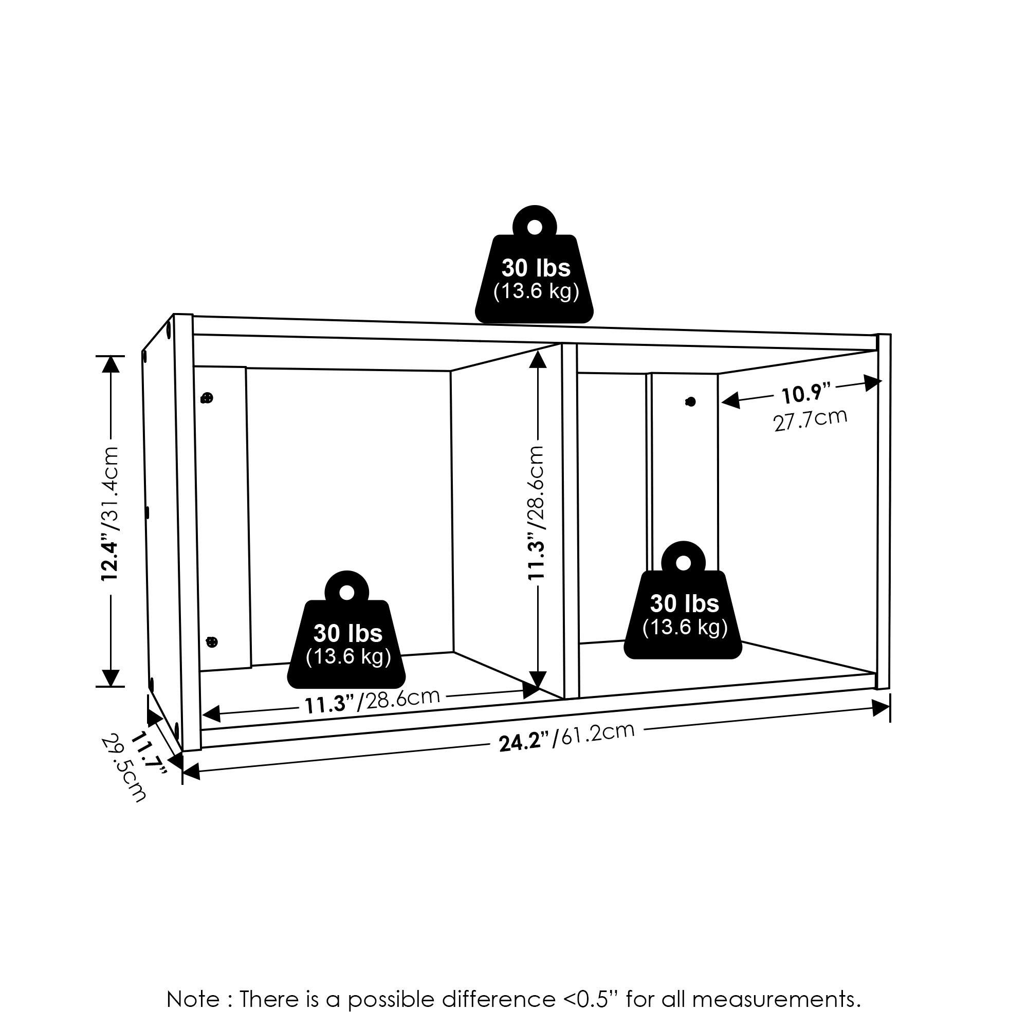 30 lbs (13.6 kg)  
12.4"/31.4 cm  
11.3"/28.6 cm  
24.2"/61.2 cm  
10.9"/27.7 cm  

Note: There is a possible difference <0.5" for all measurements.