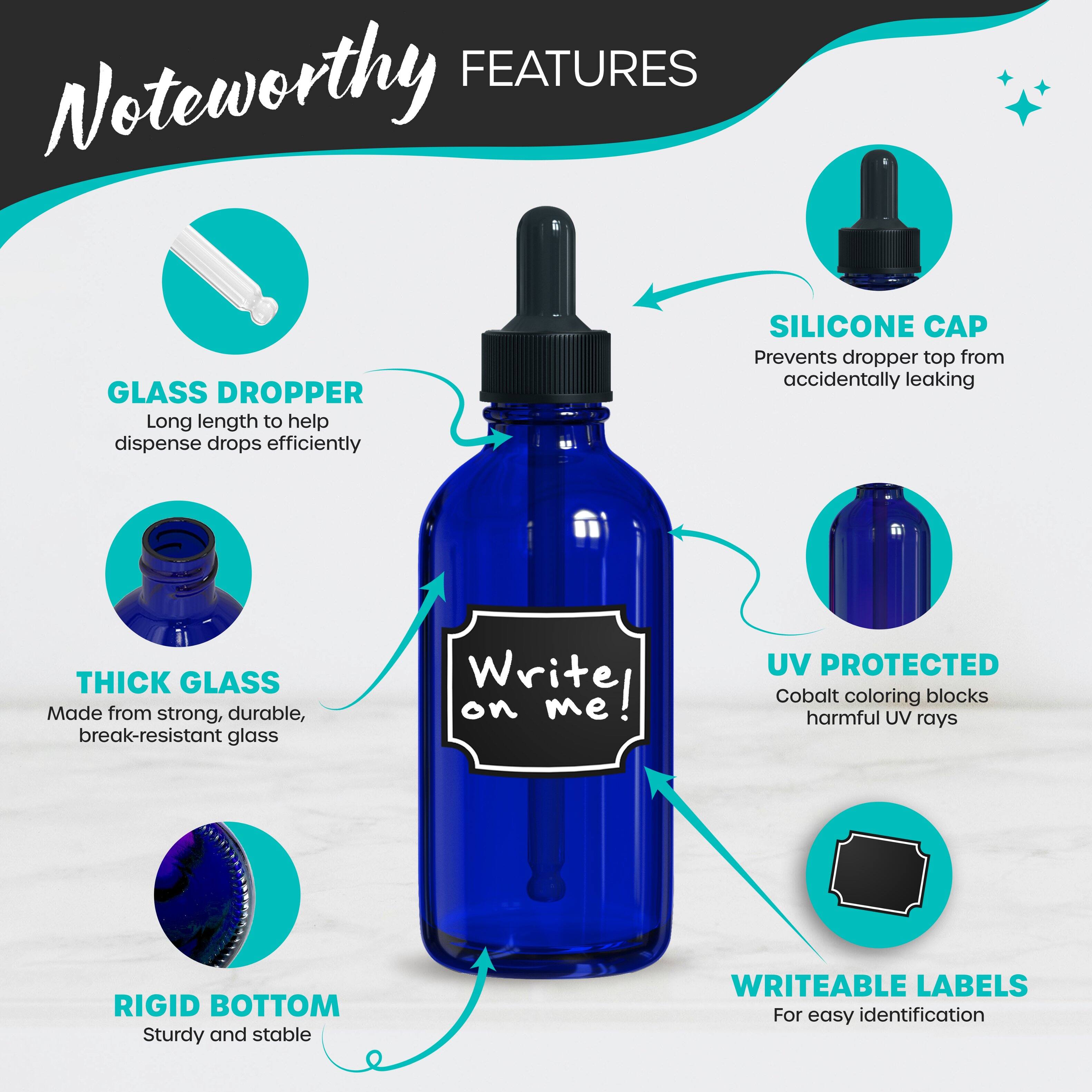 FEATURES

- GLASS DROPPER
  - Long length to help dispense drops efficiently

- SILICONE CAP
  - Prevents dropper top from accidentally leaking

- THICK GLASS
  - Made from strong, durable, break-resistant glass

- UV PROTECTED
  - Cobalt coloring blocks harmful UV rays

- RIGID BOTTOM
  - Sturdy and stable

- WRITEABLE LABELS
  - For easy identification