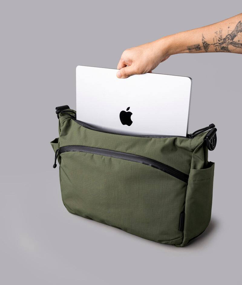 Alt View 7. ALPAKA - Laptop Messenger Satchel Bag 11L for Work & Travel, Fits 13" MacBook Air, Bottle Pockets, Luggage Pass-Through - Green Axoflux 210D.