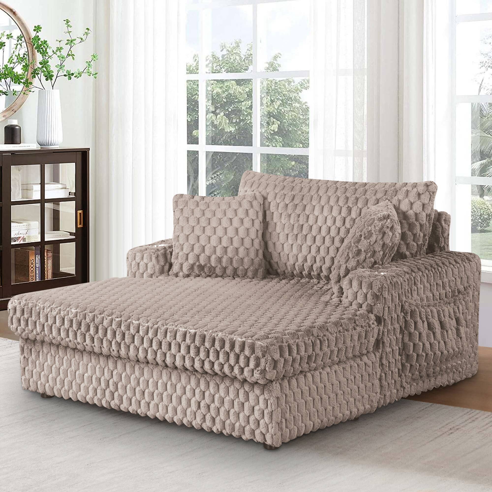 Left. Vaczon - 58-Inch Oversized Chaise Lounge Sofa Bed with Cup Holders and Storage Pocket for Living Room - Taupe Beige.