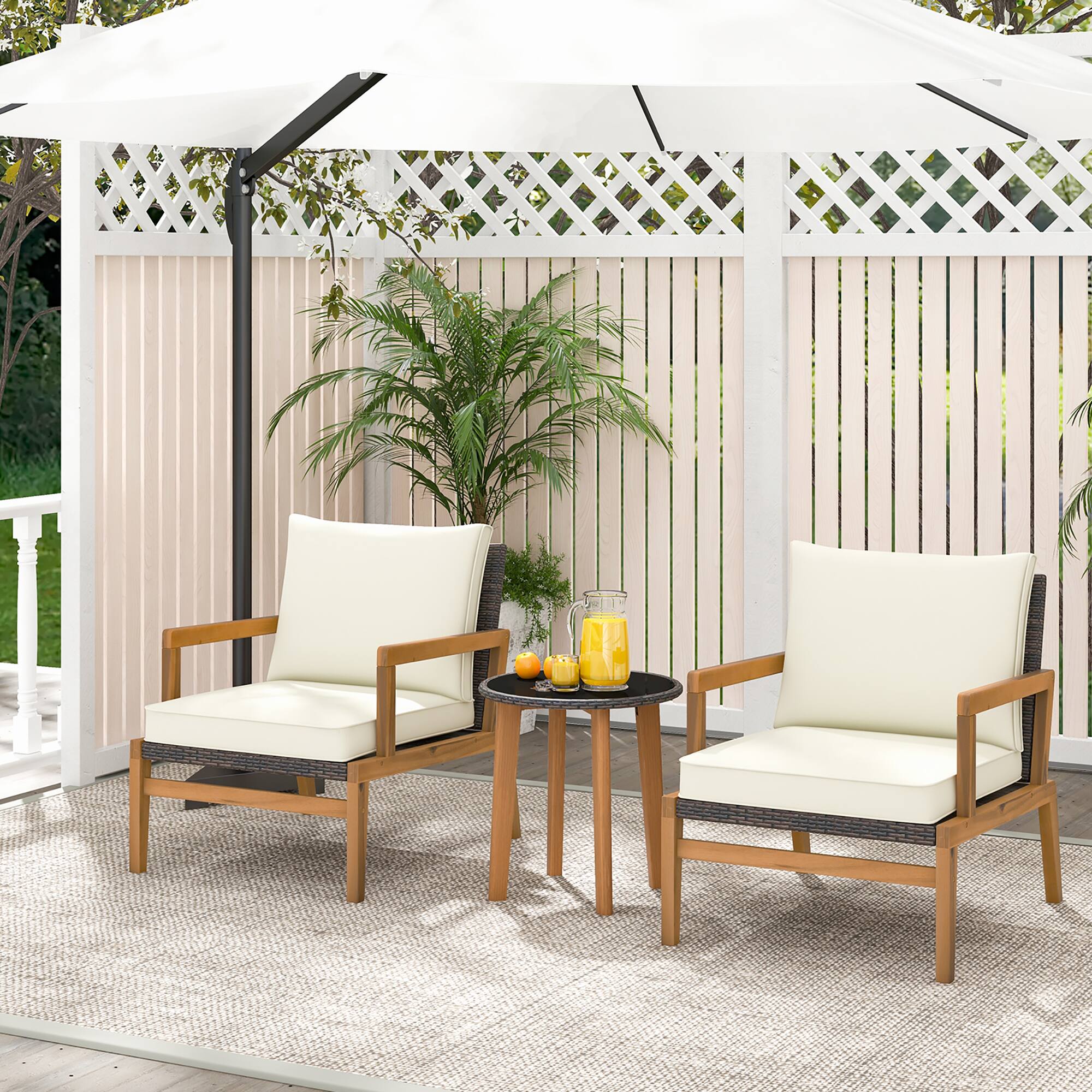 Alt View 3. Gymax - Gymax 3 PCS Patio Chair Set Wicker Chair & Side Table Set w/ Tempered Glass Tabletop - Mix Brown, White.