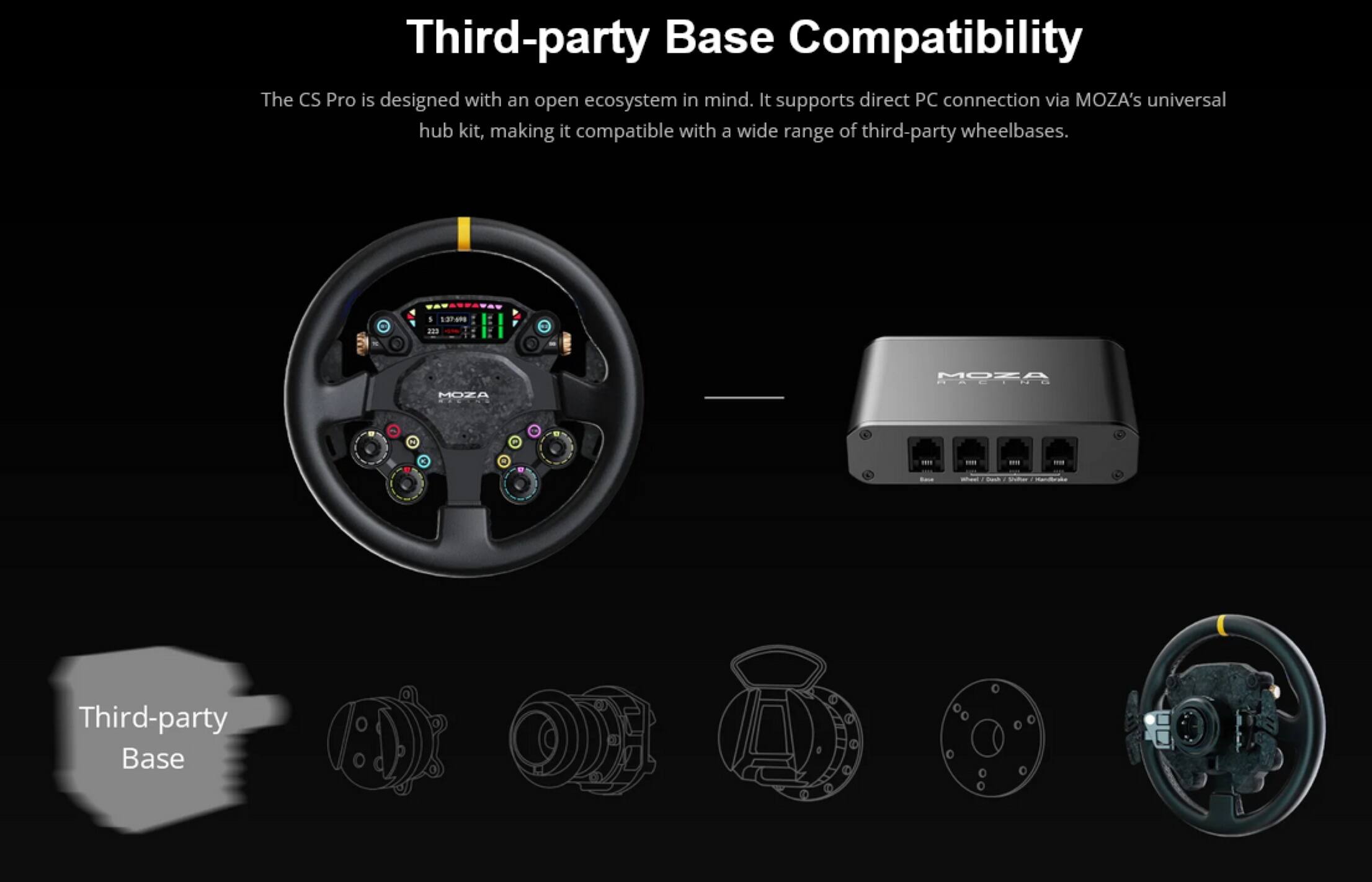 Third-party Base Compatibility

The CS Pro is designed with an open ecosystem in mind. It supports direct PC connection via MOZA's universal hub kit, making it compatible with a wide range of third-party wheelbases.

Third-party Base