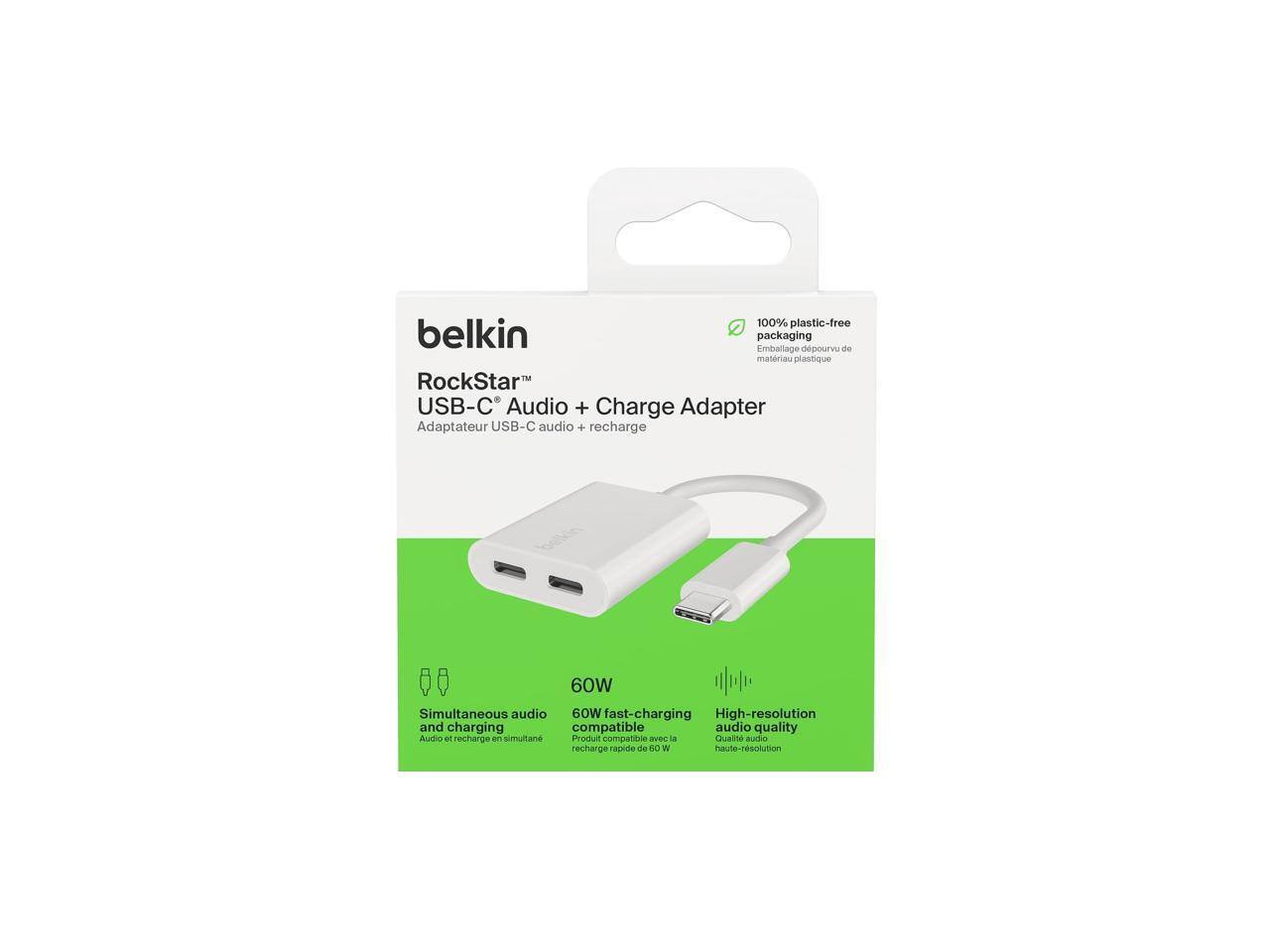 100% plastic-free belkin packaging  
Emballage dépourvu de matériau plastique  

RockStar USB-C Audio + Charge Adapter  
Adaptateur USB-C audio + recharge  

60W Simultaneous audio and charging  
Audio et recharge en simultané  

60W fast-charging compatible  
Produit compatible avec recharge rapide de 60 W  

High-resolution audio quality  
Qualité audio haute-résolution
