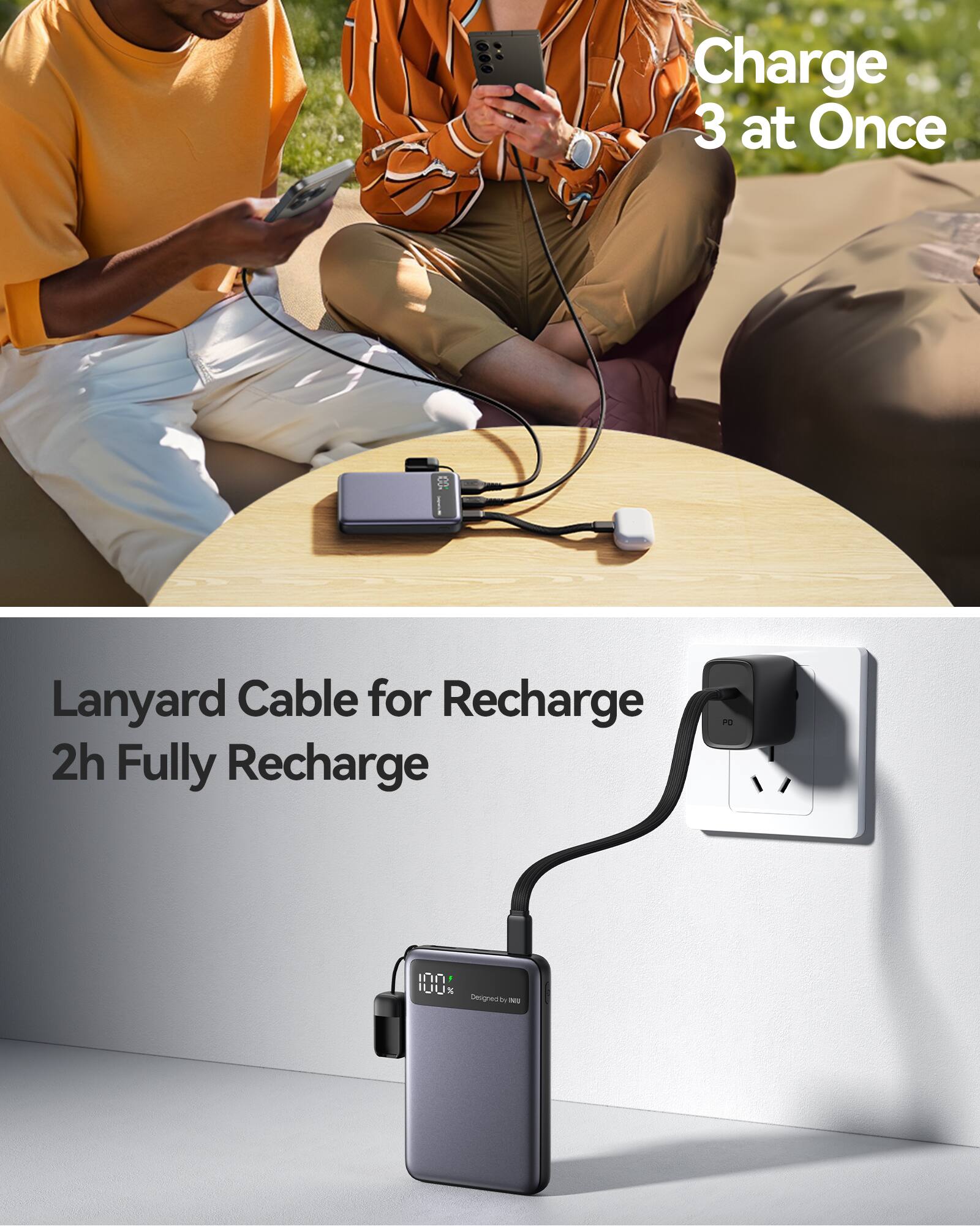 The text on the image is grouped and corrected as follows:

"Charge 3 at Once Lanyard Cable for Recharge 2h Fully Recharge"
