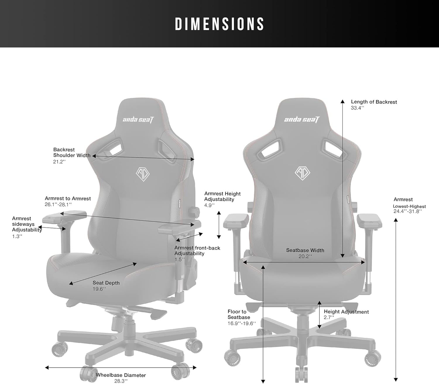 DIMENSIONS

- Length of Backrest: 33.4"
- Shoulder Width: 21.2"
- Armrest to Armrest: 26.1" - 28.1"
- Armrest sideways Adjustability: 1.3"
- Armrest Height Adjustability: 4.9"
- Armrest Lowest-Highest: 24.4" - 31.8"
- Armrest front-back Adjustability: 1.5"
- Seatbase Width: 20.2"
- Seat Depth: 19.6"
- Floor to Seatbase: 16.9" - 19.6"
- Height Adjustment: 2.7"
- Wheelbase Diameter: 28.3"