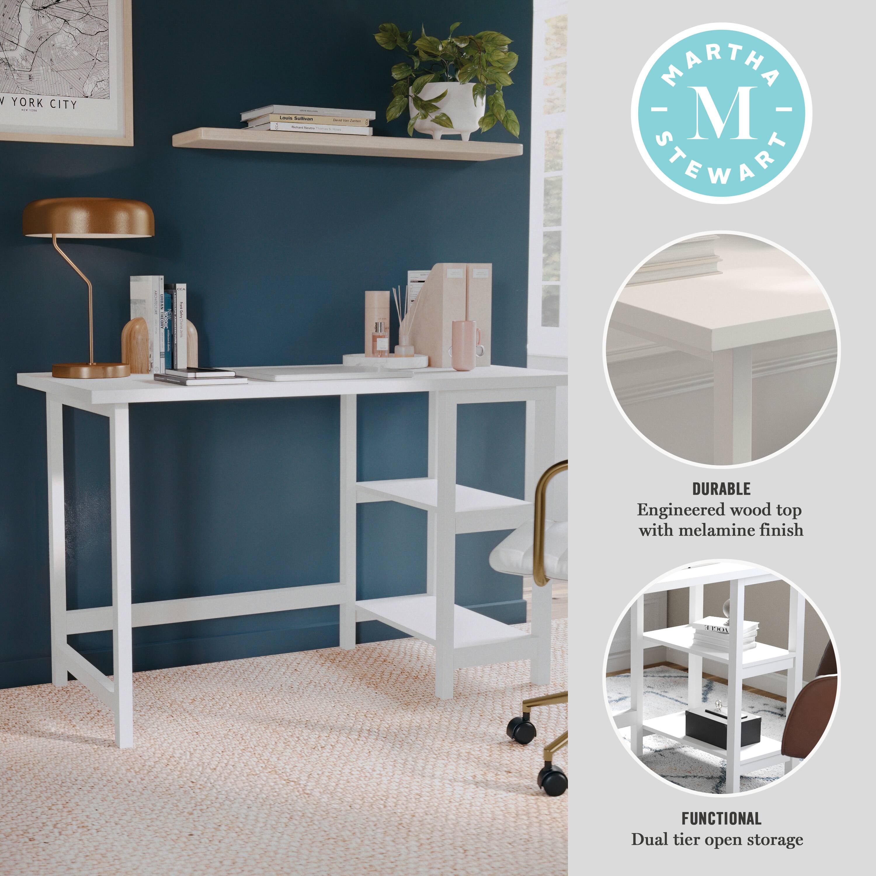 Martha Stewart is the brand name associated with the desk and shelves in the image. The desk features an engineered wood top with a melamine finish, and it has a dual-tier open storage design for added functionality.