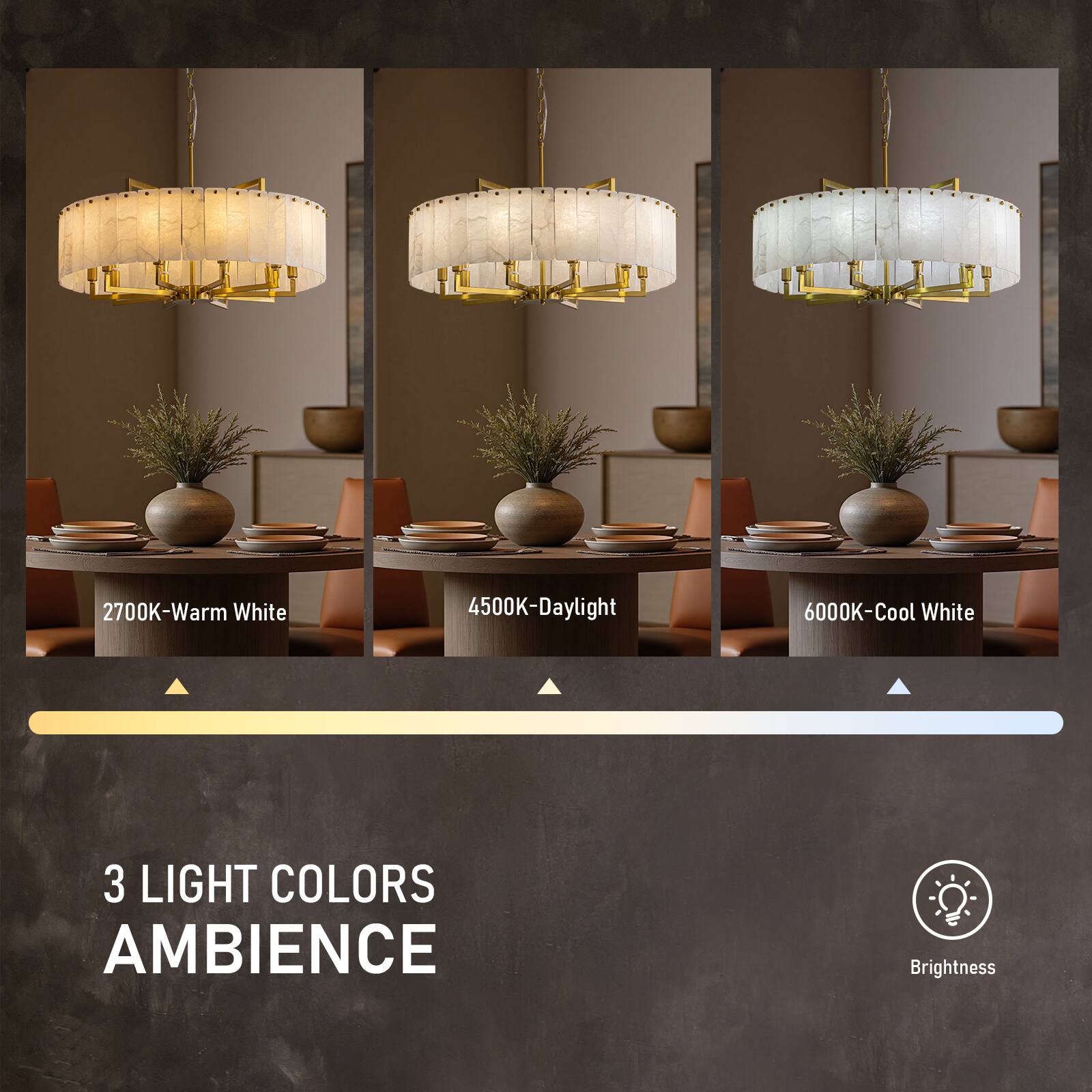 2700K - Warm White  
4500K - Daylight  
6000K - Cool White  

3 Light Colors Ambience  

Brightness