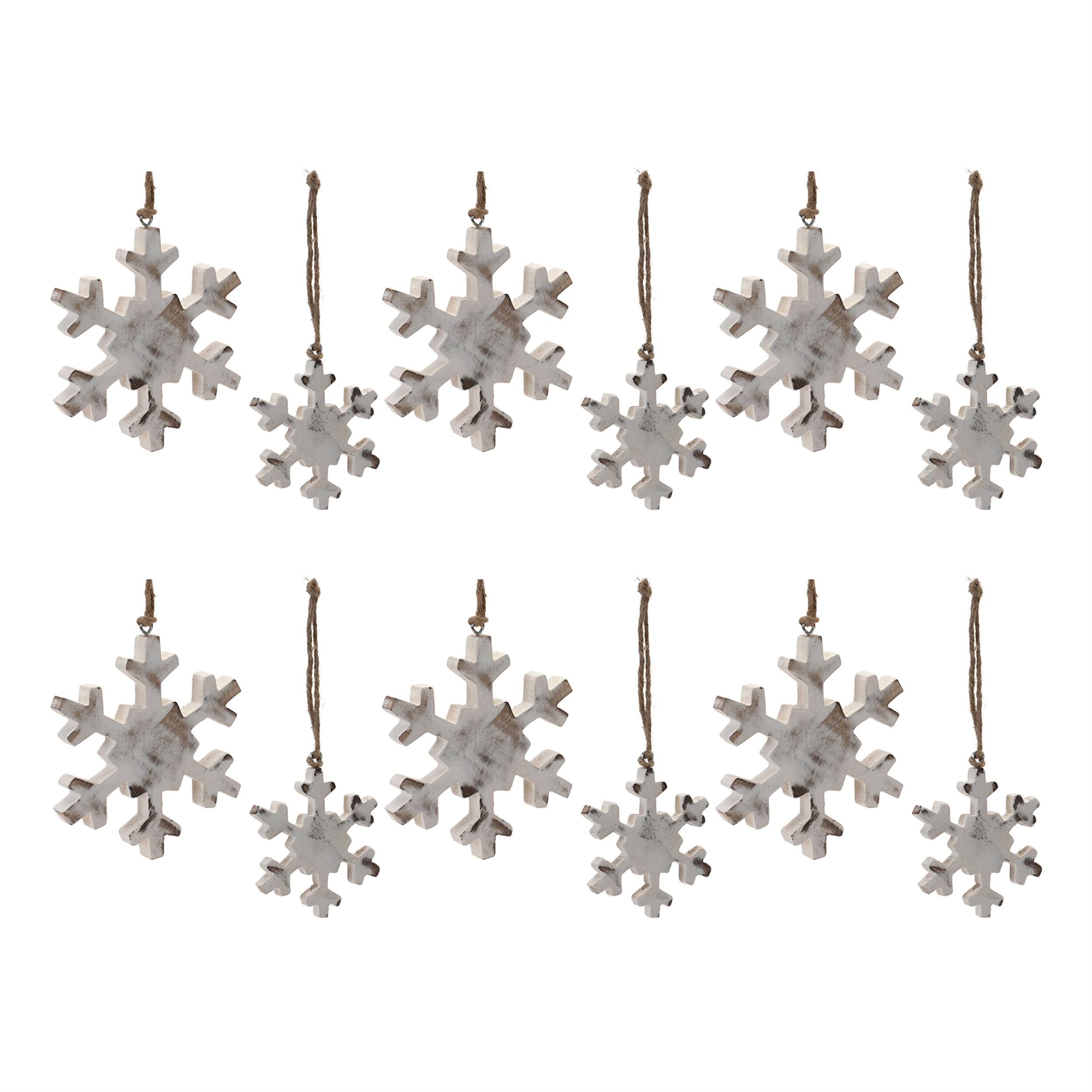 Alt View 2. BreeBe - White Washed Wood Snowflake Ornament (Set of 12) - White.
